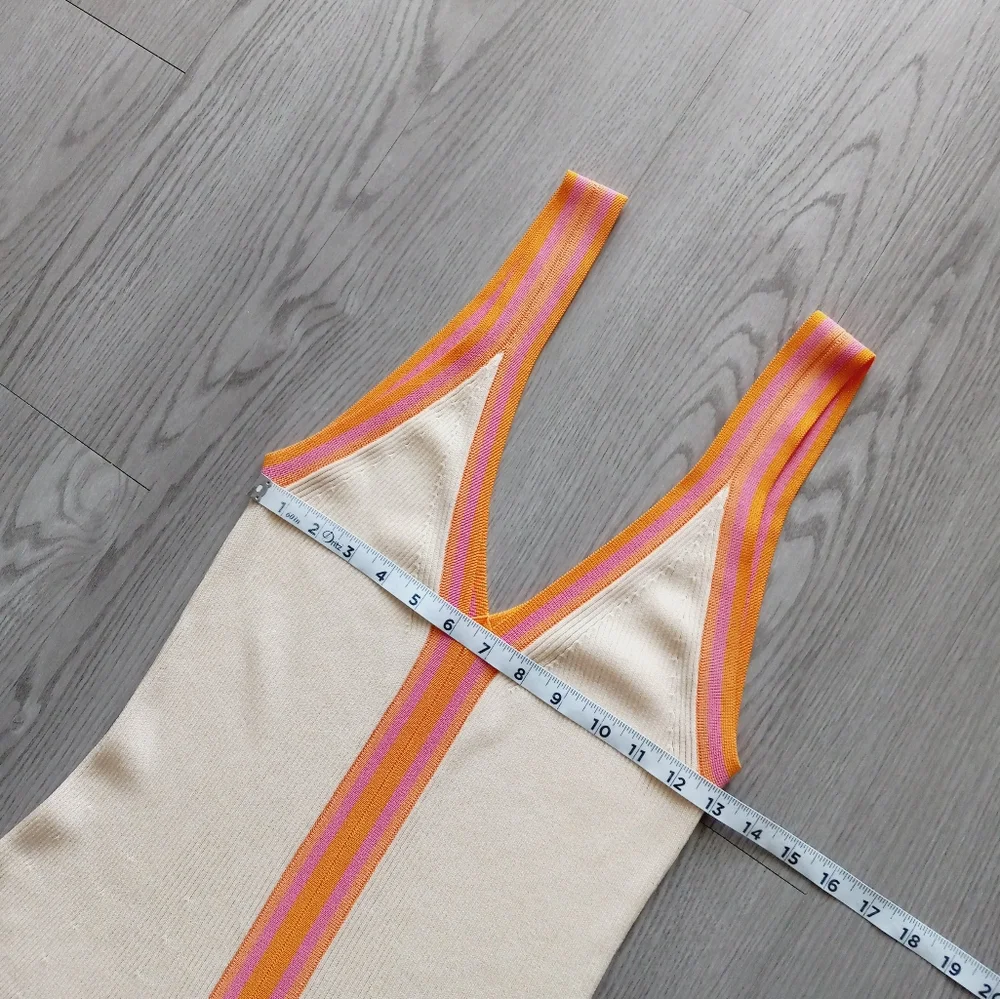 Sandro Piana V Neck Ribbed Midi Dress Ecru Orange Boarder Stripe 42 - Picture 12 of 16